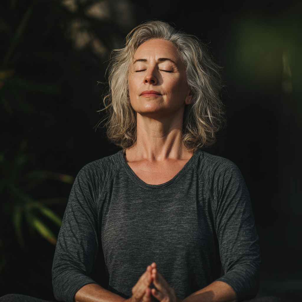 middle-aged woman practicing mindful breathing in peaceful yoga pose